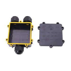 open 3-way waterproof junction box with yellow rubber gasket