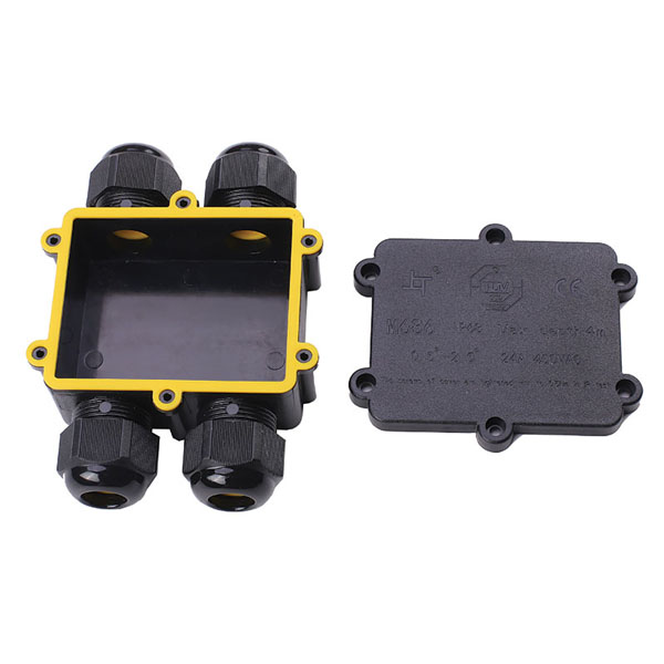 open 4-way waterproof junction box with yellow rubber gasket
