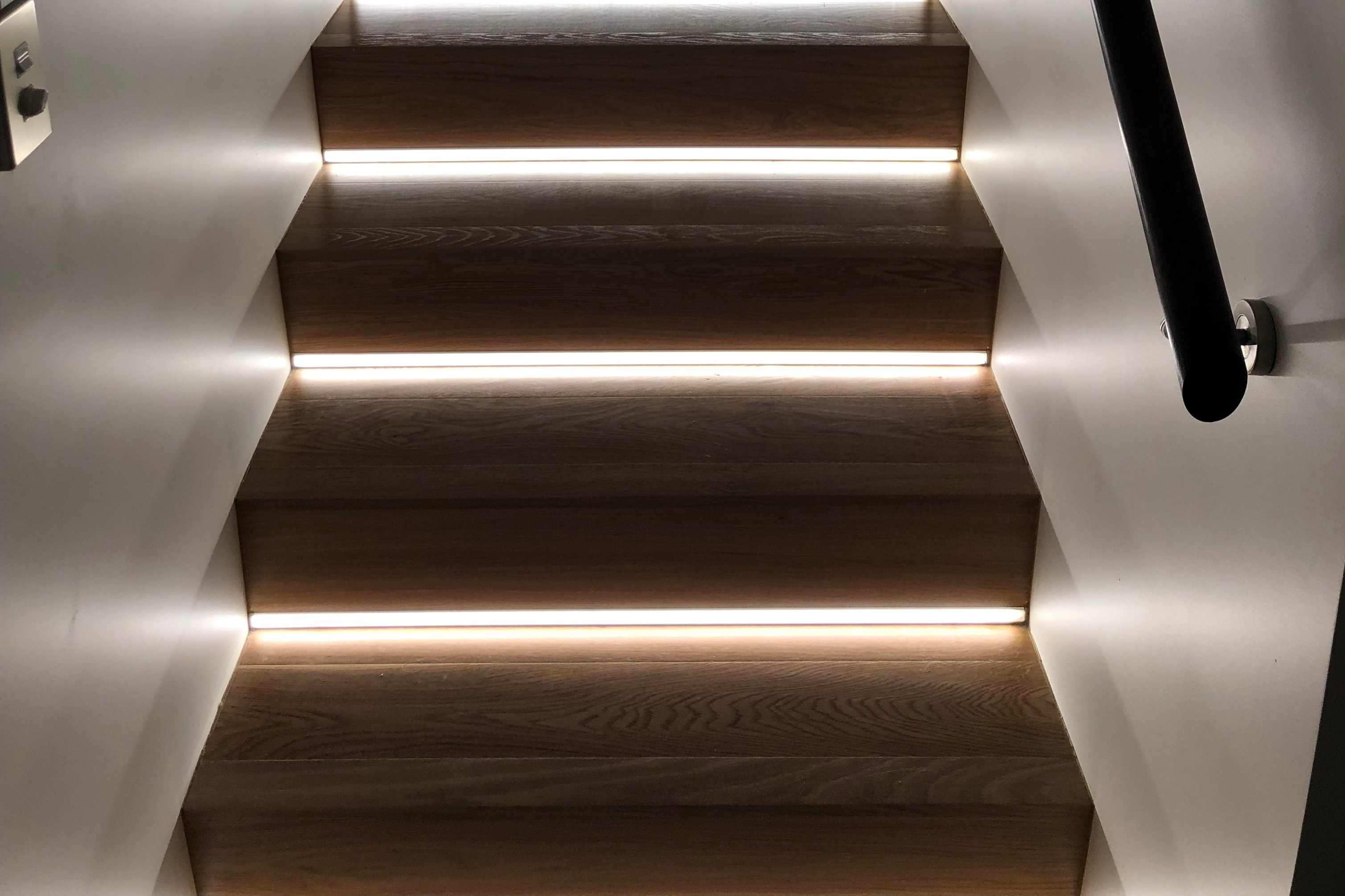LED lights recessed into stair risers